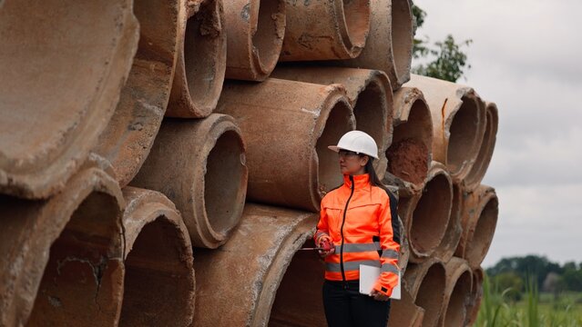 Asian female engineer in safety jacket talking on radio transceiver near stacked concrete drainage pipes. Civil engineering infrastructure, sewer pipeline and construction concept.