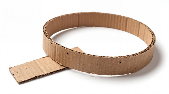 Curved strip of brown corrugated cardboard with visible fluted edges and natural paper fibers, isolated on a clean white background. Recycled packaging material suitable for craft, recycling and susta