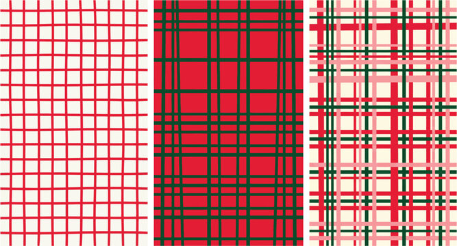 Christmas plaid seamless pattern set, red and green tartan vector textures, festive holiday checkered background for gift wrap and textiles