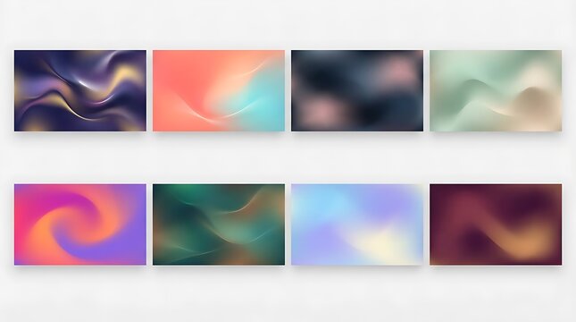 Set of eight abstract holographic gradient backgrounds with fluid colors