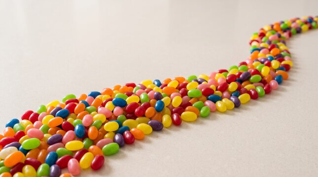 Colorful jelly beans arranged in a diagonal flow with generous negative space, created for candy promotions, website banners, digital advertising, magazines, and food campaigns.