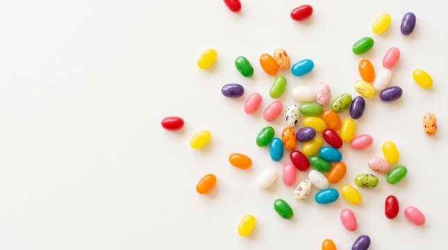 Colorful jelly beans isolated on a clean white background with negative space, suitable for candy advertising, food packaging concepts, websites, banners, and commercial design.