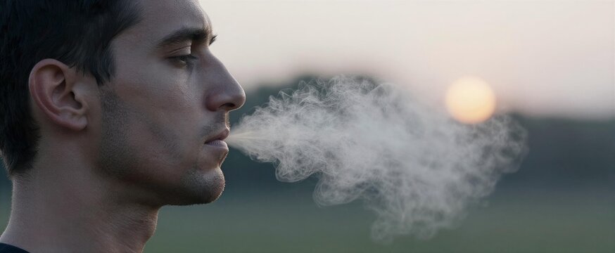 Captures Close Profile View Of Individual Exhaling Vapor From Mouth Against Backdrop To Sunrise Sunset Given Warm Hues Near Horizon