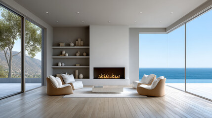 Obraz premium Modern living room with ocean view, minimalist furniture, large windows, fireplace, neutral color palette, serene atmosphere