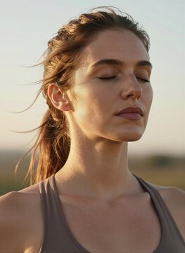 Young Woman As Main Subject In Outdoor Setting To Sunrise Sunset Judging By Warm Golden Light Bathing Face Hair Fair Skin With Freckles