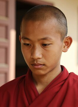 Young Individual To Monk Based On Shaved Head Red Robe Wearing Attire Traditional Often Associated With Buddhist Monks In Certain
