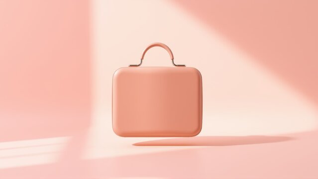 Pink suitcase sits softly lit. Minimalist design, rounded edges, simple handle. Background creates dramatic shadow effect. Clean aesthetic.