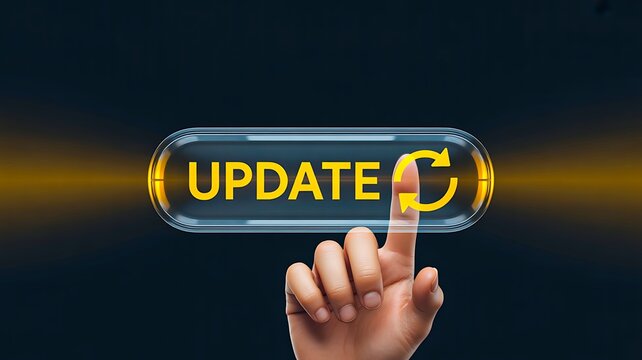Update concept with hand touching digital refresh button on dark background