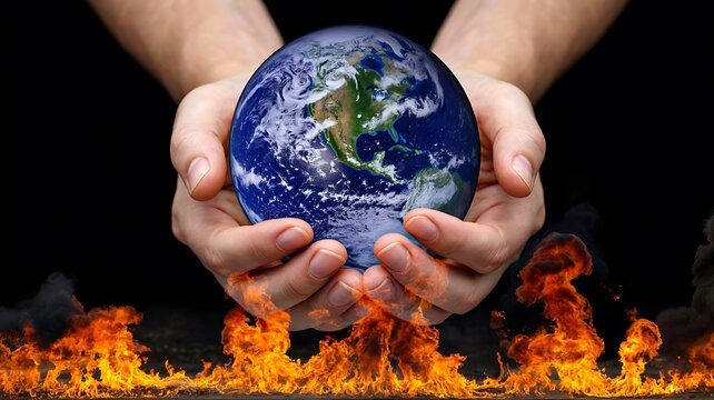 Hands holding planet earth above flames representing climate change environmental protection and global warming