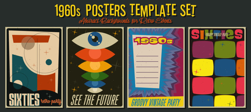 Atomic Age 1950s - 1960s Abstract Background Set, Vintage Colors and Styles, Space Age Poster Templates