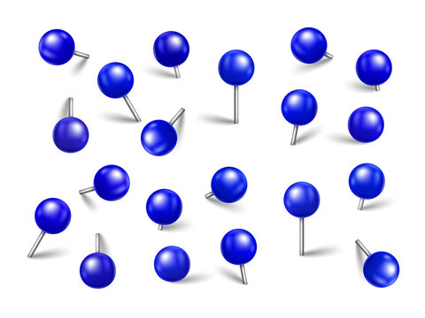 Set of blue plastic push pins isolated on a transparent background