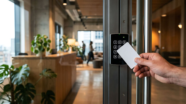 Person swiping keycard at electronic security door access control system