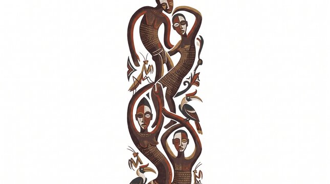Dynamic Indonesian Tribal Art with Flowing Ancestral Figures, Hornbill Birds and Praying Mantis, Folk Illustration
