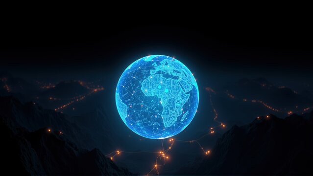 Glowing Earth depicted using digital lines. Mountains visible below, connected by bright data streams. Dark background emphasizes luminescence.