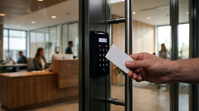 Person swiping security card to enter corporate office building via access system