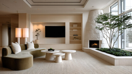 Obraz premium Modern living room with curved sofa, round tables, indoor tree, fireplace, large windows, neutral tones, cozy atmosphere