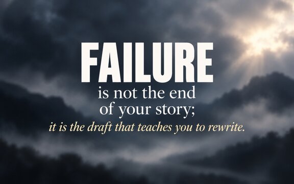 Inspirational failure quote with a dramatic cloudy background, showing that setbacks can become lessons, growth opportunities, and new beginnings.