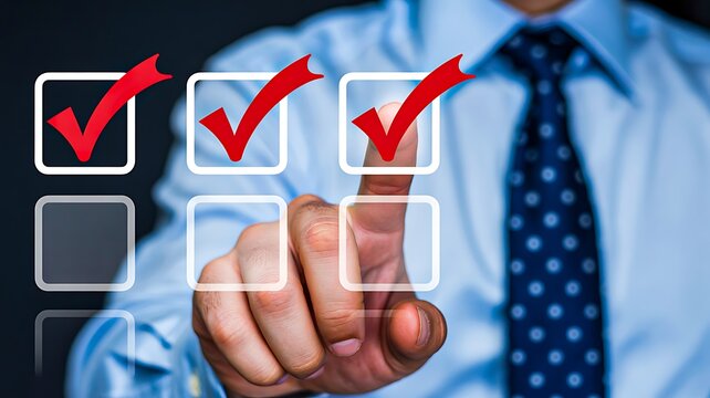 Businessman selecting checklist options on a digital interface representing decisions approval and business management