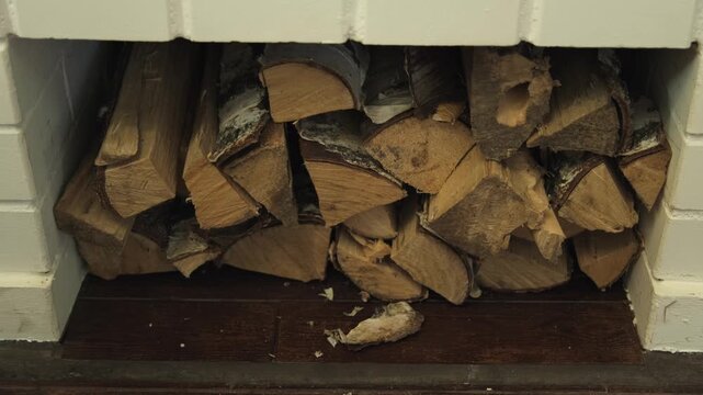 Stocking wood in a fireplace for winter season use in a home setting