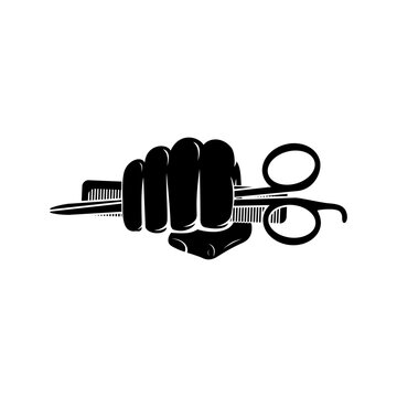 Fist holding scissors and comb barbershop logo vector illustration