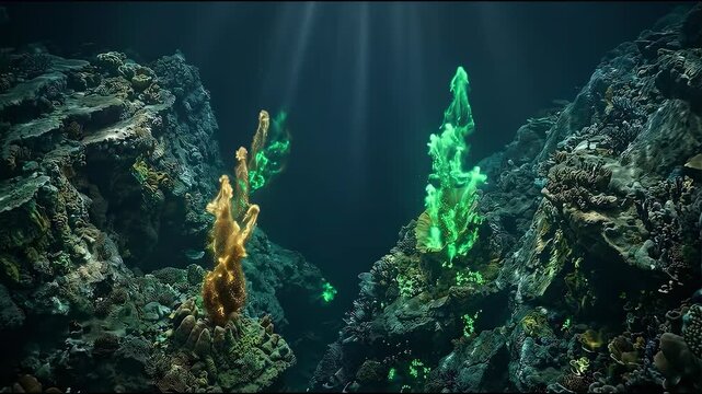 Erupting Bioluminescent Spores Within An Ancient Underwater Trench Using Emerald And Gold Hues, Dapp, cinematic conceptual motion visual for creative