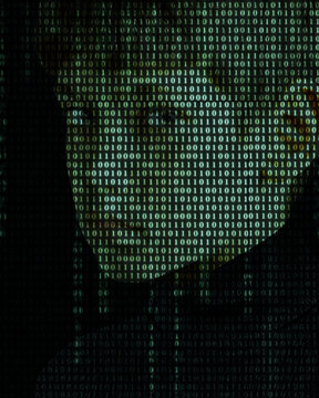 A child's face with matrix digital numbers is AI with a human face. dark background with computer binary code and hidden face watching Children's Internet addiction. Virtual reality.