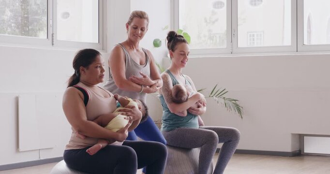 Yoga ball, baby and bounce with women in class for balance, maternal connection and mindfulness. Pregnancy wellness, mommy and me session with people in studio for calm, sleep training and pilates