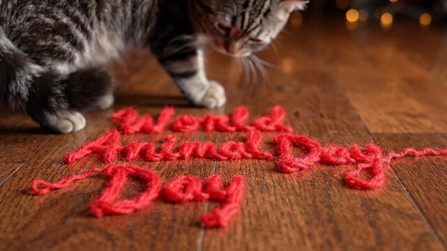 Cute kitten playing with red yarn spelling World Animal Day on wooden floor