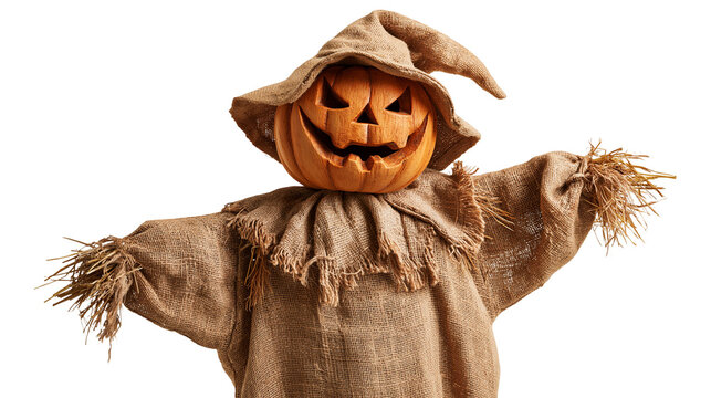 Scary pumpkin head scarecrow wearing a rustic burlap sack costume