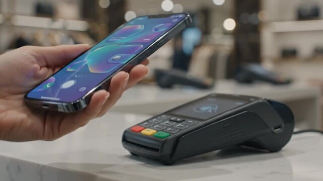 Customer using mobile phone for contactless payment at store
