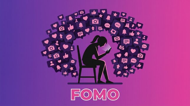 Woman Experiencing Fear of Missing Out While Surrounded by Social Media Notifications