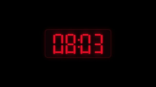Digital clock display with glowing red LED numbers showing 08:03, retro electronic timer on black background, luminous seven-segment numeral readout