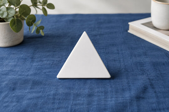 Single white equilateral triangle object on deep blue linen, calm still life for editorial concept