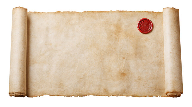 Aged parchment paper scroll with rolled edges and red wax seal