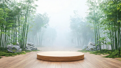 Obraz premium A round wooden platform sits on a wooden path in a misty bamboo forest, with rocks and moss on both sides, creating a tranquil natural scene.