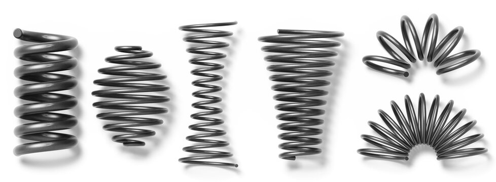 3d black coil springs set - helical compression, barrel, hourglass, conical and arc shapes for vehicle suspension of steel alloy. Industrial shock absorber, flexible spiral metal wire. 3D illustration