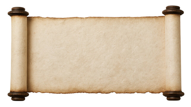 Vintage aged paper scroll with dark wooden rollers and rough deckled edges