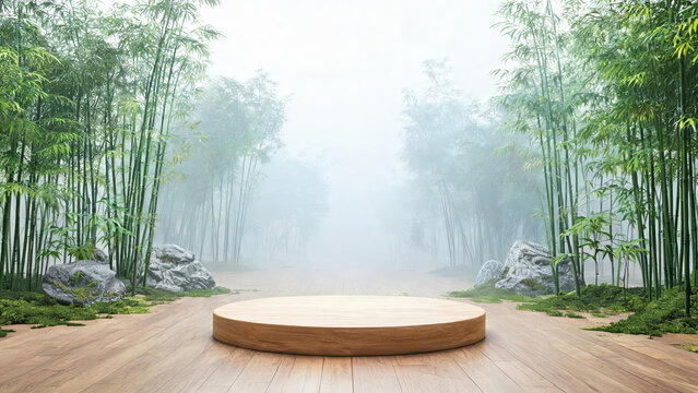 A round wooden platform sits on a wooden path in a misty bamboo forest, with rocks and moss on both sides, creating a tranquil natural scene.