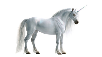 Majestic white unicorn with long flowing mane and spiraled horn standing profile © Otillie