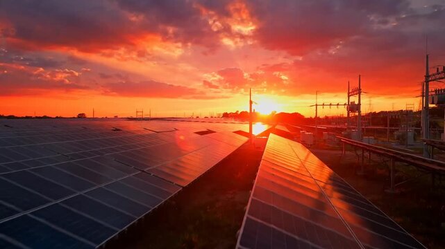 Solar panel farm at sunset with camera gliding over rows of photovoltaic panels