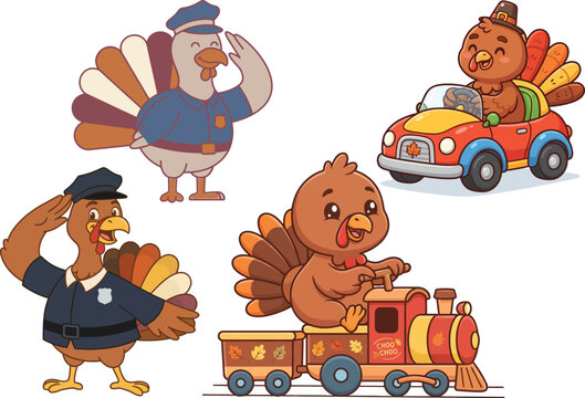 Set of cute cartoon turkeys driving a car train and saluting in police uniform with toy train