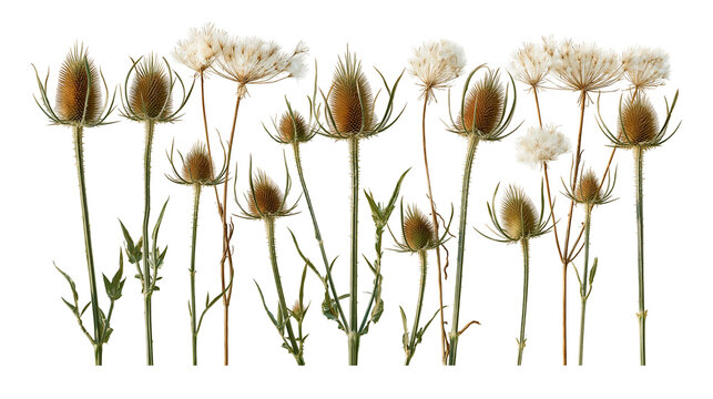Dried teasel flower heads and white wild carrot umbels on long green stems