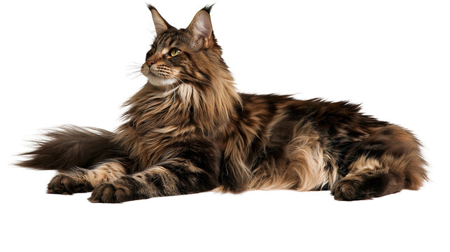 Fluffy brown tabby Maine Coon cat lying down with tufted ears
