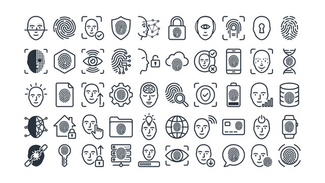 Collection of various biometric security and technology identification icons with transparent background