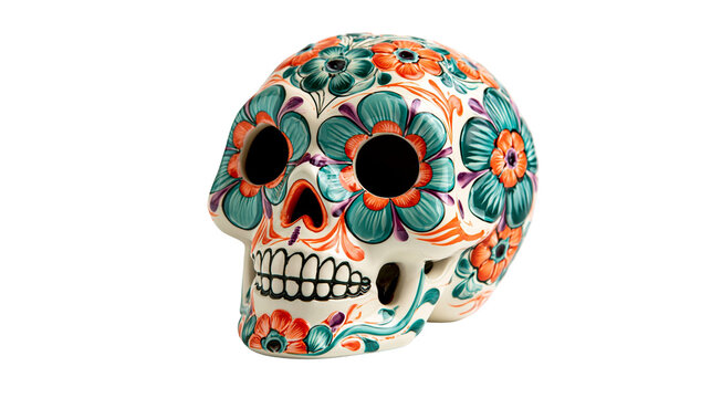 Ceramic sugar skull with colorful hand painted floral patterns and teal accents