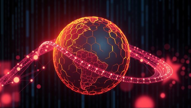 Futuristic globe design. Hexagonal mesh covers earth, glowing red lines orbit planet. Dark background features digital rain effect.