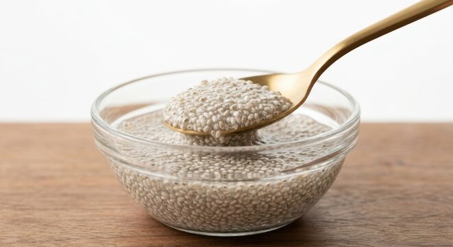 Healthy white chia seeds soaked in water or milk in a small glass bowl on a wooden surface, being lifted with a golden spoon, nutritious organic superfood concept, isolated on white background.
