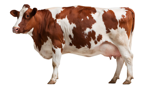 Red and white spotted dairy cow standing in profile
