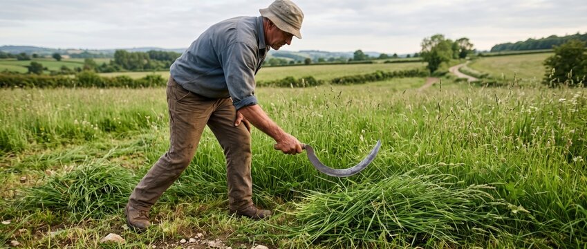 A man wearing a beige bucket hat and brown trousers uses a curved metal sickle to manually cut tall green grass in a rural meadow under an overcast sky