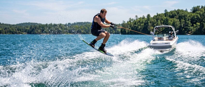 A man wakeboarding on a blue lake, jumping into the air while being towed by a white motorboat, with a forested shoreline in the background, under a clear sky